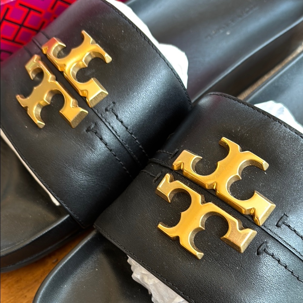 EUC-Tory Burch EVERLY ANATOMIC CLOUD Black and Gold Slide Sandals, Sz:9